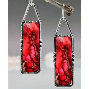 Silver Electro-Plated Rectangle Drop Earrings & Synthetic Red Turquoise Stones
